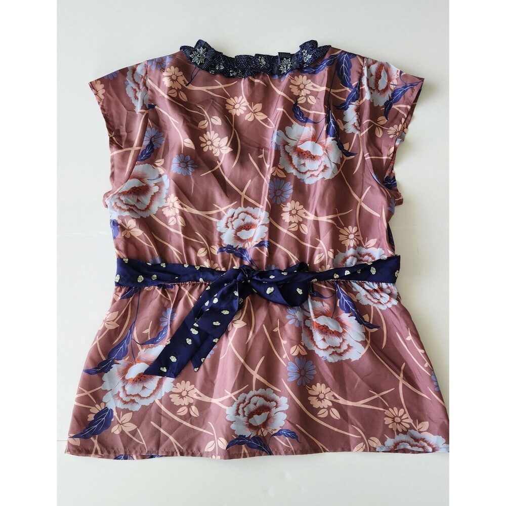 Anthropologie Odille Silk Floral Blouse Ruffle Trim Empire Waist Babydoll - 12 - Picture 9 of 10